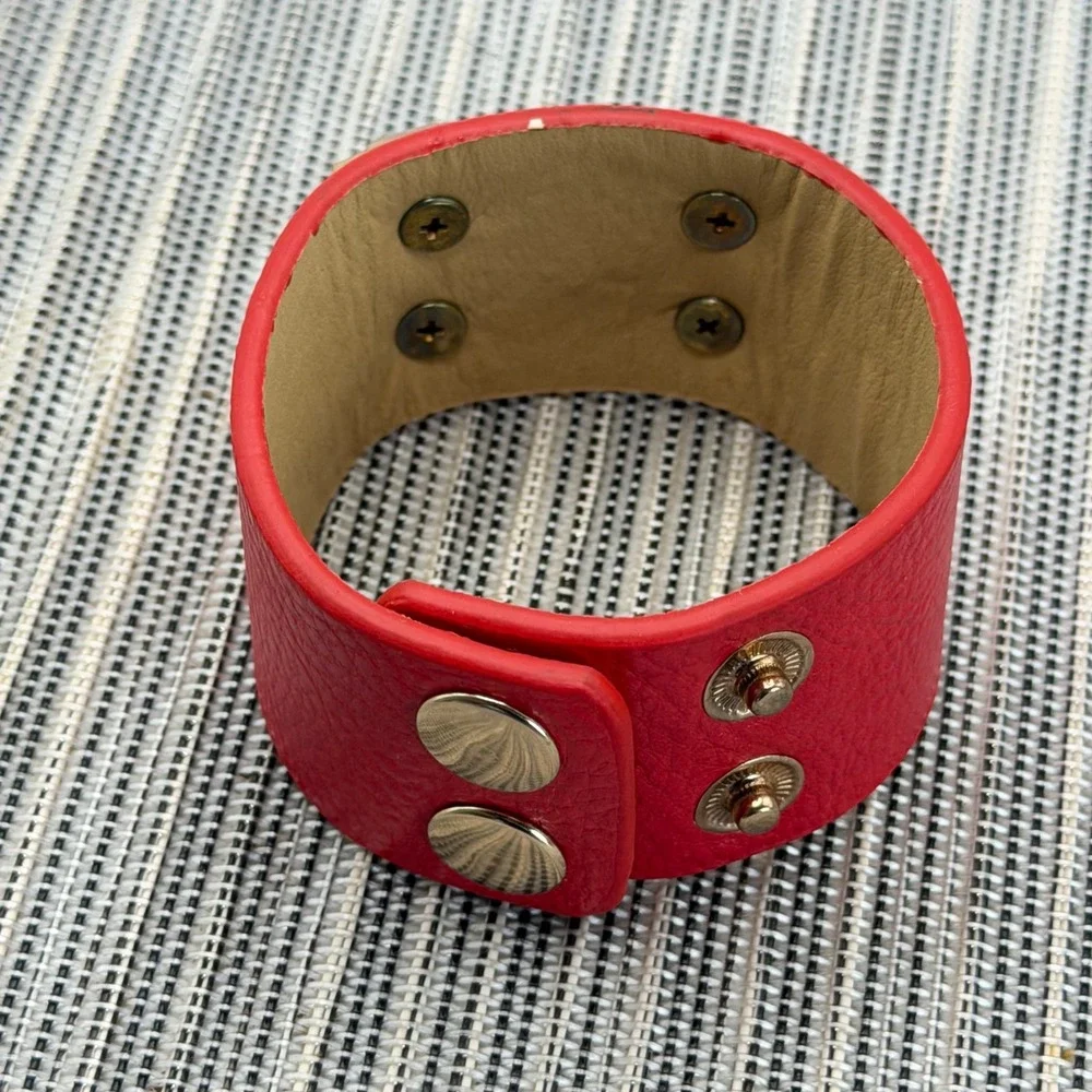 Red Faux Leather Studded Cuff Bracelet Gold Pyramid Door Knocker Ring Edgy Punk